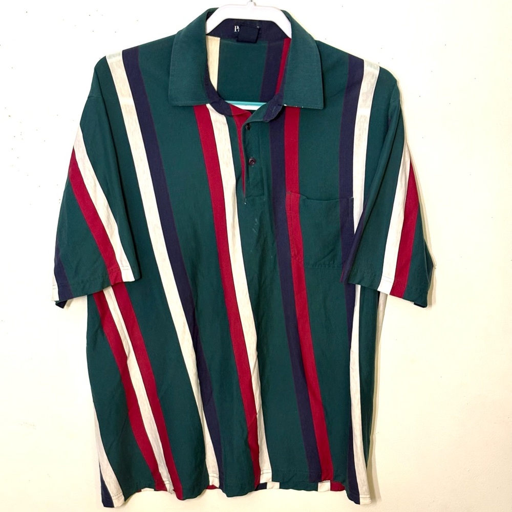 Par Four Striped Green, Blue, Red and White Polo Shirt. Size L. Guc.